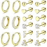 Incaton Flat Back Earrings 14K Gold Plated Cartilage Earring Sets for Multiple Piercing Hypoallergenic Surgical Stainless Steel Earrings for Women Earring Stacks Small Hoop Flatback Stud Earrings