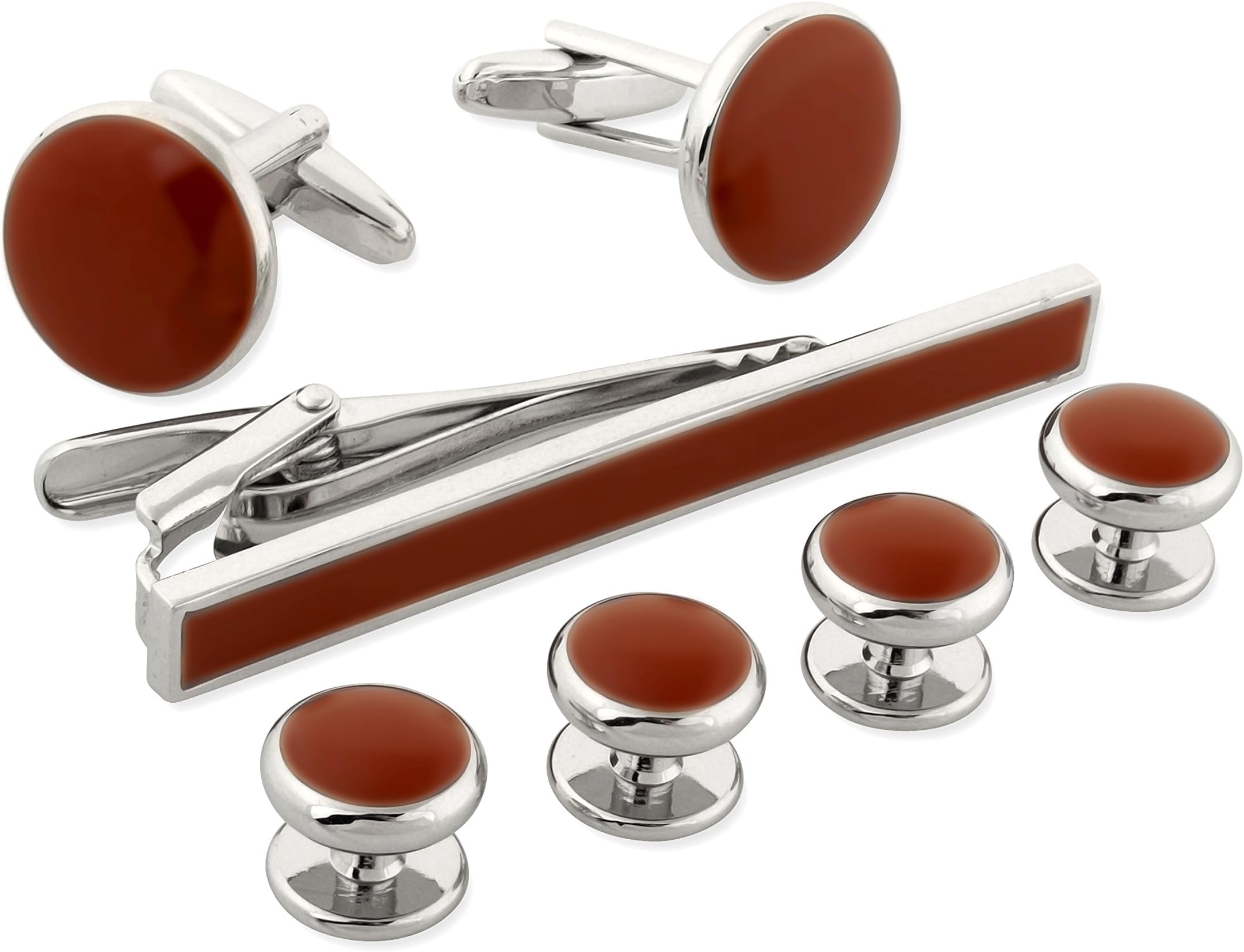 blackbox Jewelry Cufflinks and Studs for Tuxedo- Formal Silver Tone Metal & Tie Clip (Black/Royal Blue/Green/Brown)