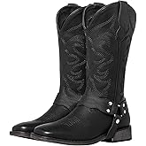 WrangWalker Square Toe Cowboy Boots for Women with Buckle Strap - Lightweight Wide Calf Western Cowgirl Boots with Cushion Insole