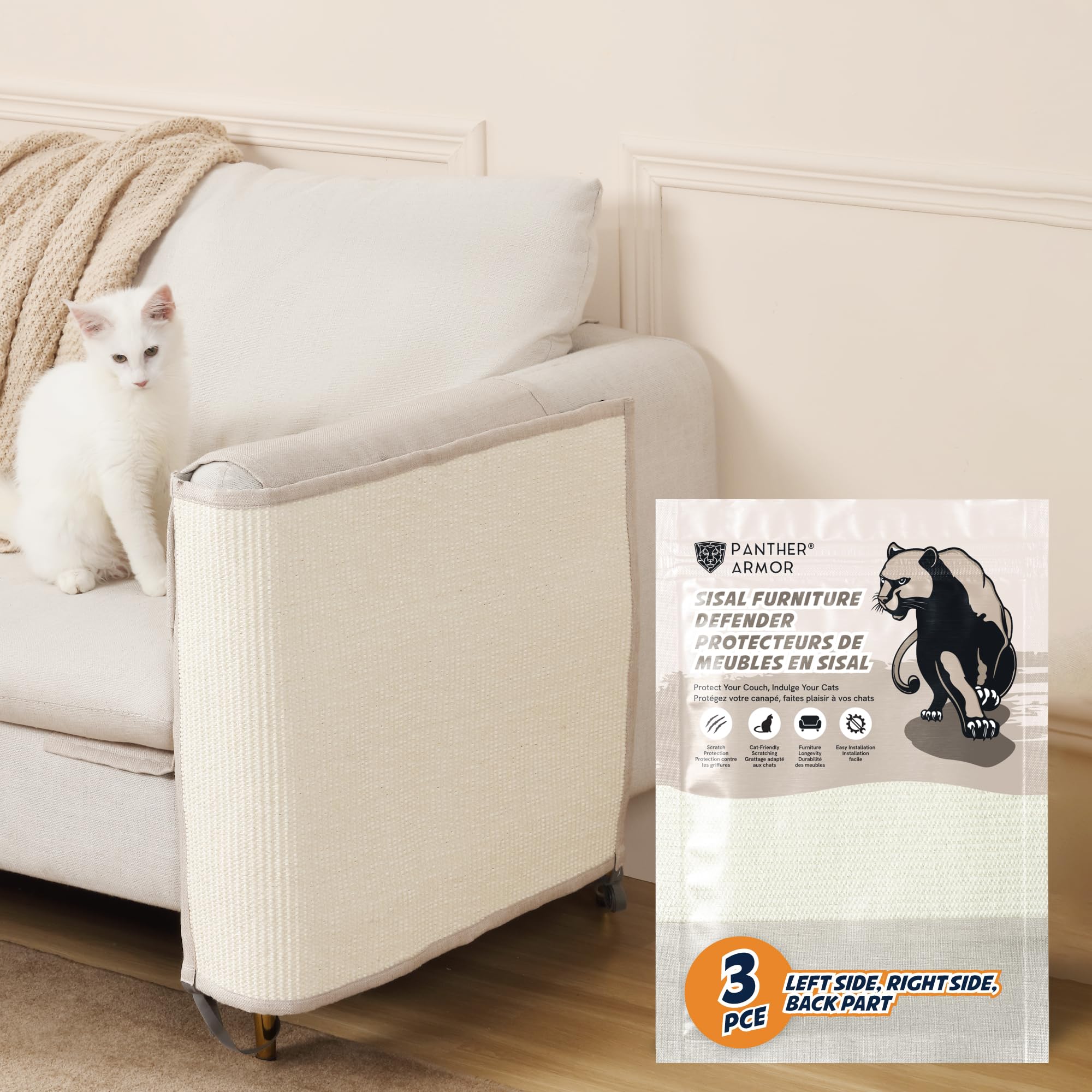 Photo 1 of Panther Armor Cat Scratch Mats for Couch 3pcs Bundle [Left Arm, Right Arm, Back Rest, Beige] - Natural Sisal - Couch Protector from Cat Scratch - Furniture Protectors - Scratch Pads