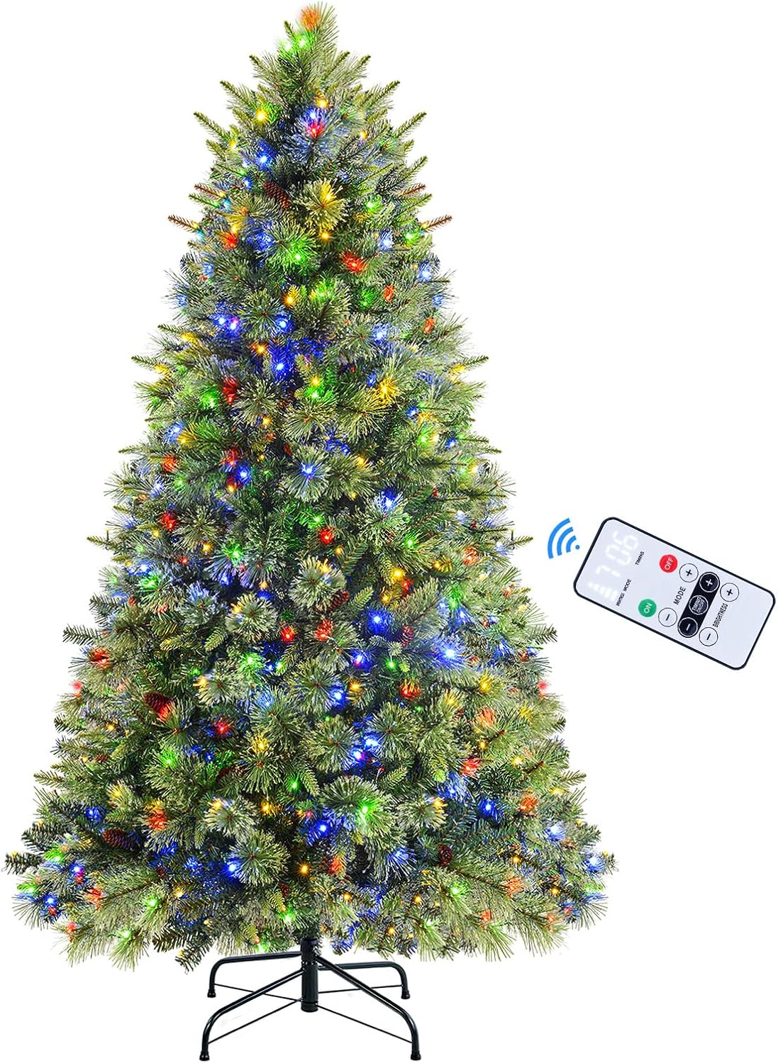 Trees - SHareconn 7.5ft Prelit Premium Artificial Hinged Christmas Pine Tree with Remote Control, Pre-lit 470 Warm White & Multi-Color Lights, Foldable Metal Stand, Perfect Choice for Xmas Decoration, 7.5 FT