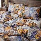 Cozaline 100% Cotton Duvet Cover Queen Size – Impressionist Natural Yellow & Blue Floral Duvet Cover Set with Zipper Closure, 3-Piece Soft Breathable Durable Percale Cotton Bedding Set for All Seasons