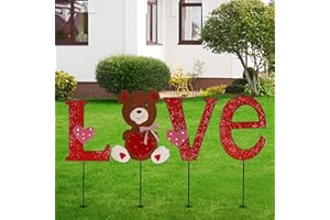 Adroiteet Valentines Day Outdoor Decorations, 22" Metal Yard Sign with Stake, LOVE Heart Bear Lawn Garden Stakes Valentine Decor for Anniversary Wedding Party