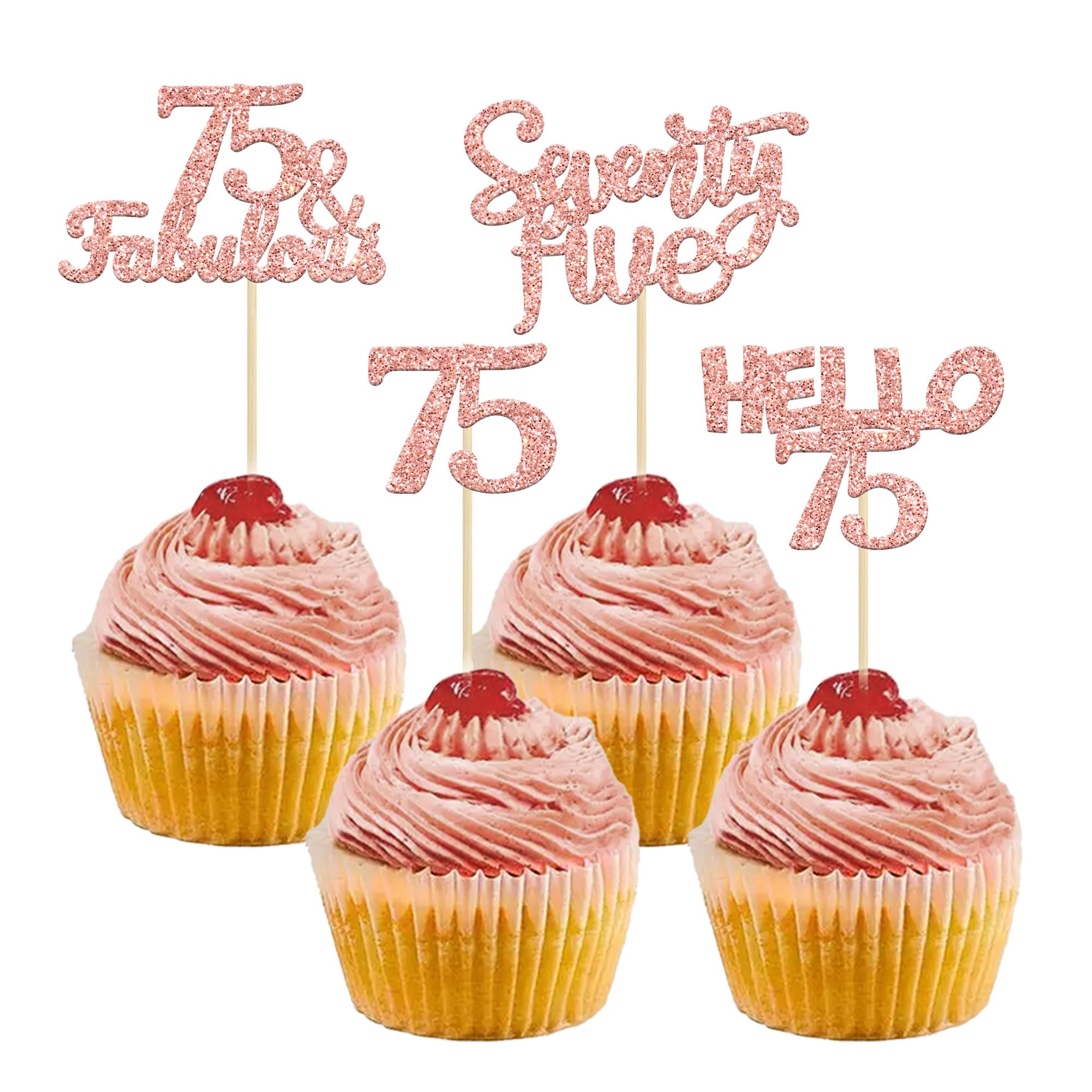 Gyufise 24Pcs Rose Gold Glitter 75 Cupcake Toppers 75th Birthday Cupcake Toppers Hello 75 Seventy Five 75 Cake Toppers 75 Fabulous Cupcake Picks for 75th Birthday Cake Decorations Supplies