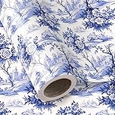 WRAPAHOLIC Blue White Floral Wrapping Paper Roll - Mini Roll - 17 Inch x 16.5 Feet - Vintage Blue French Toile De Jouy Design Perfect for Wedding, Birthday, Bridal Shower, Tea Party