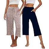 Kabento 2 Pack Womens Pajama Pants Capri Sleep Lounge Pants Drawstring Pj Bottoms with Pockets