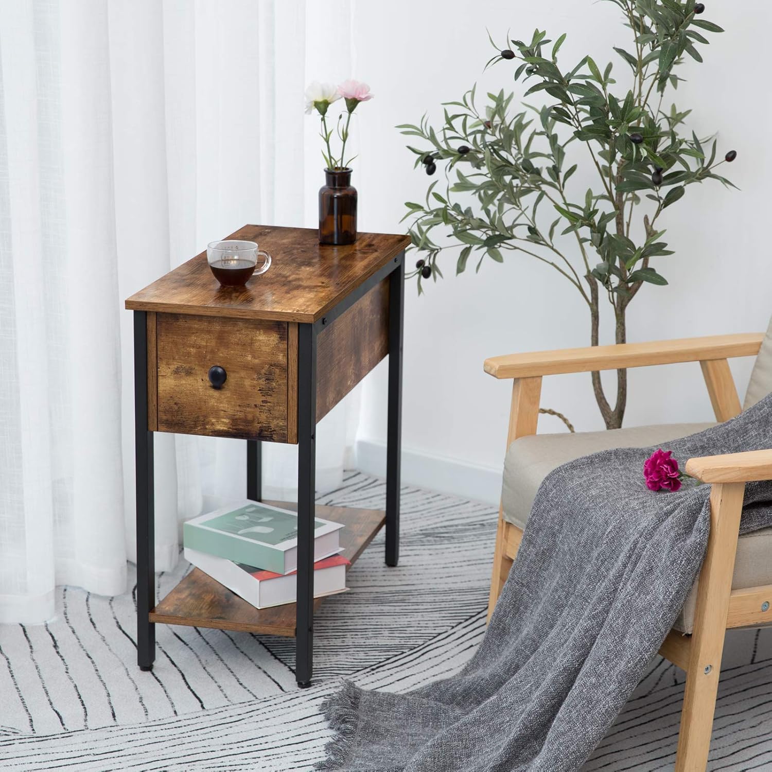 HOOBRO Side Table, 2-Tier Nightstand with Drawer, Narrow End Table for Small Spaces, Stable and Sturdy Construction, Wood Look Accent Furniture with Metal Frame, Rustic Brown and Black BF04BZ01: Kitchen & Dining