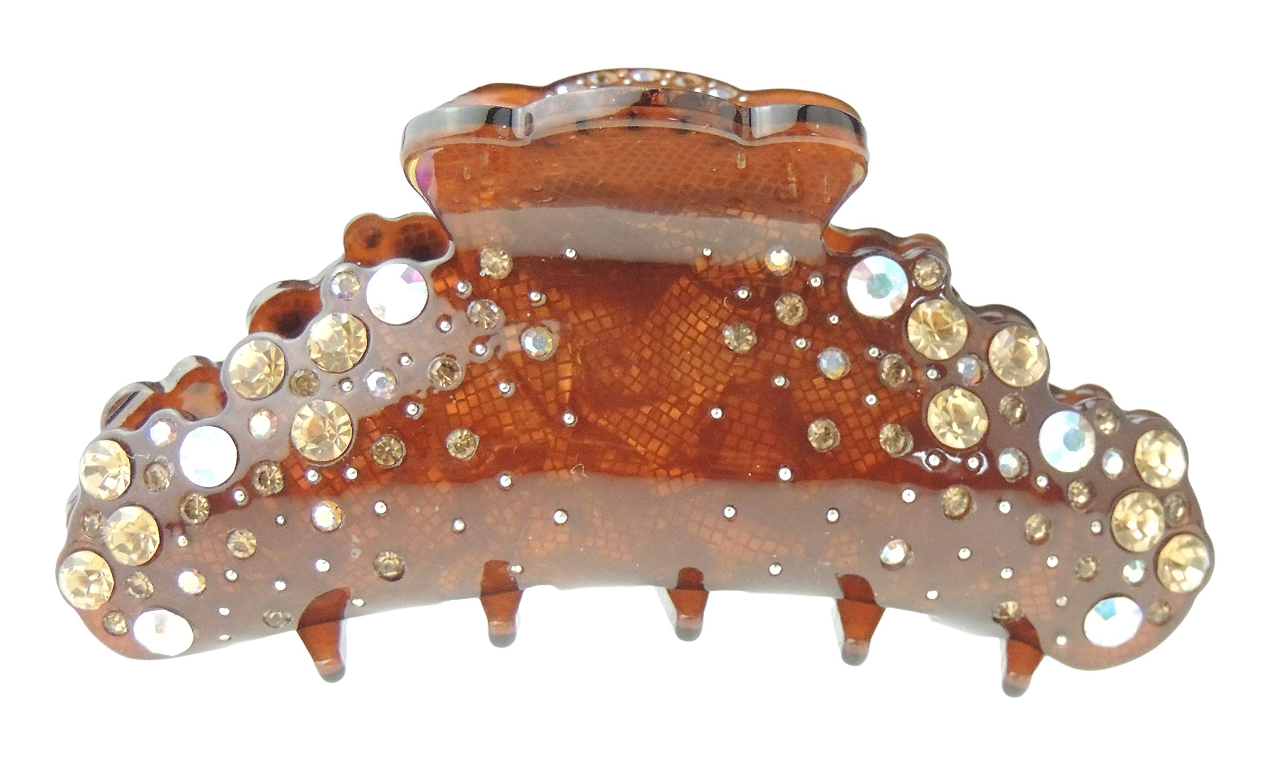 Sparkly Women Girls Jeweled Crystal Diamante Rhinestone Gems Wave Jaw Clip Octopus Clamp Grip Bridal Wedding Party Styling Fine Thin Hair Accessories Butterfly Claw Scalloped Wavy Edge (Brown)