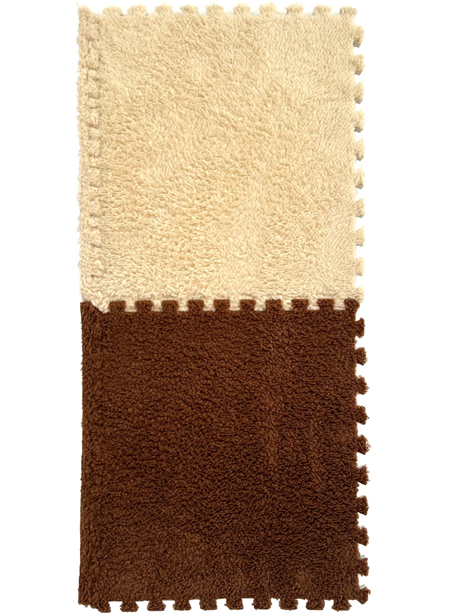 Photo 1 of 12 Pcs Interlocking Carpet Shaggy Tiles - 12" x 12", 16 Sq,Ft Foam Carpet Squares Protective Floor Mats Soft Fluffy Bedroom Kids Area Rugs for Classroom Use, Khaki+Coffee