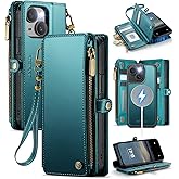 Defencase for iPhone 15 Plus Magnetic Wallet Case Compatible with Magsafe with RFID Blocking Zipper Strap Card Holder for Women Men PU Leather Detachable Case for iPhone 15 Plus (6.7 inch), Blue Green