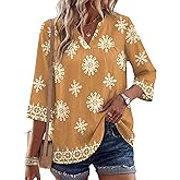 Rapbin Womens 3/4 Sleeve V Neck Floral Print Pleated Blouses for Women Dressy Casual Loose Fit Tops