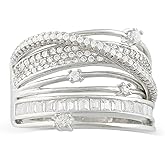 JanKuo Jewelry Rhodium Plated CZ Prong with Baguette Wide Band Cocktail Ring