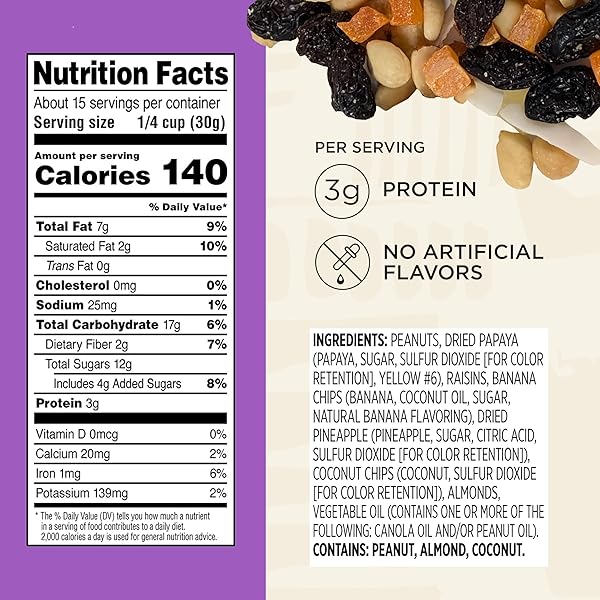 SNAK CLUB TROPICAL TRAIL MIX WITH PEANUTS, DRIED PAPAYA, RAISINS, BANANA CHIPS, DRIED PINEAPPLE, COCONUT CHIPS, AND ALMONDS, GLUTEN-FREE AND KOSHER SNACK, 16 OZ RESEALABLE BAG