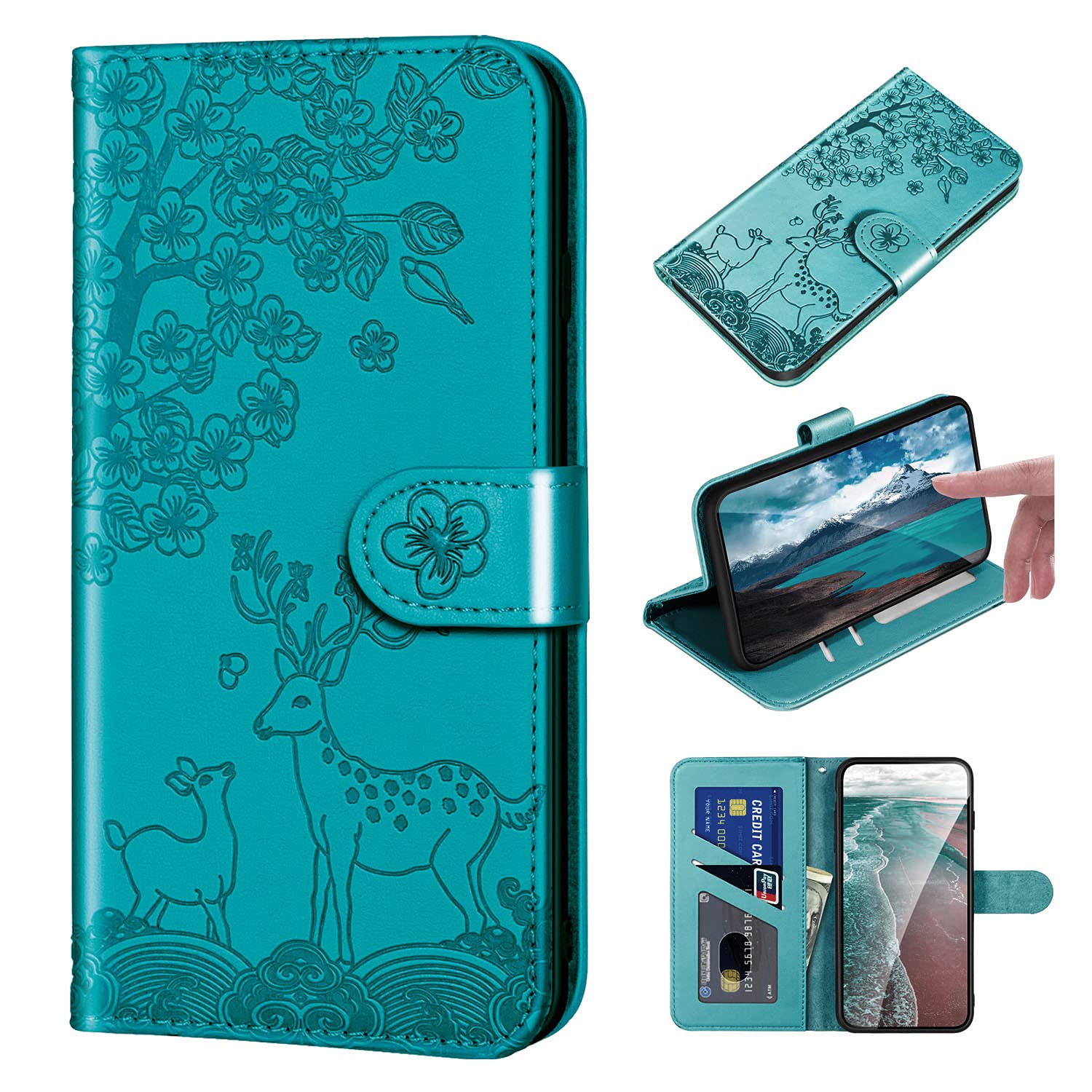 Norn iPhone 7 Plus/8 Plus Phone case,Cute Embossed Sika Deer Pattern,Folding Stand PU Folio Leather Wallet Case,Shokproof Protective Flip Case with Card Slots,Magnetic Closure,Lake Blue