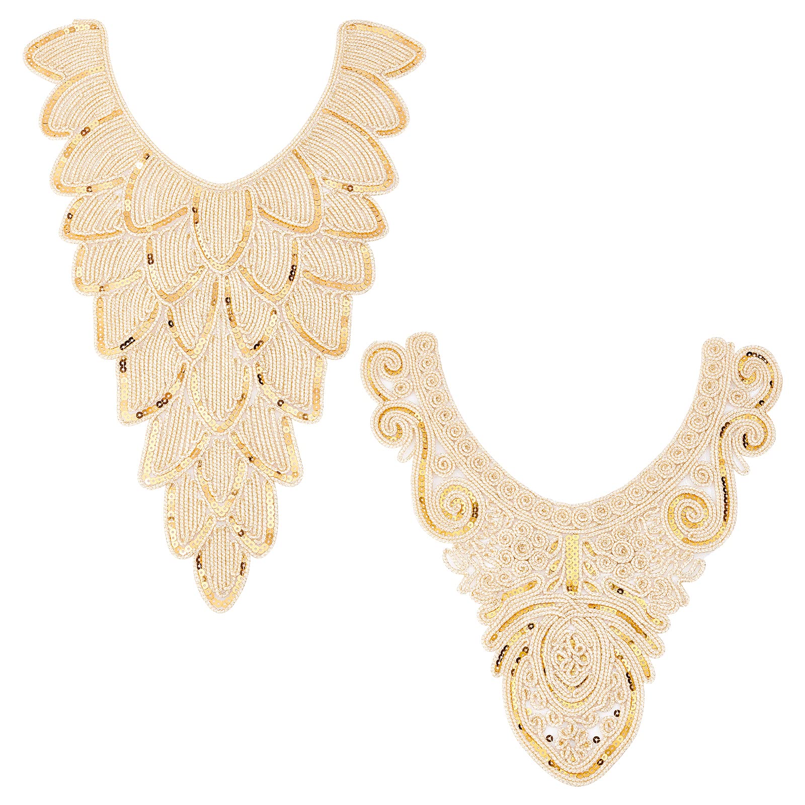 FINGERINSPIRE 2 pcs Gold Collar Applique 2 Style Sequin Floral Embroidered Applique Trim V-Neck Ethnic Style Collar Sew on Patches Neckline Collar Sewing Accessories for DIY Wedding Dress, Cloth