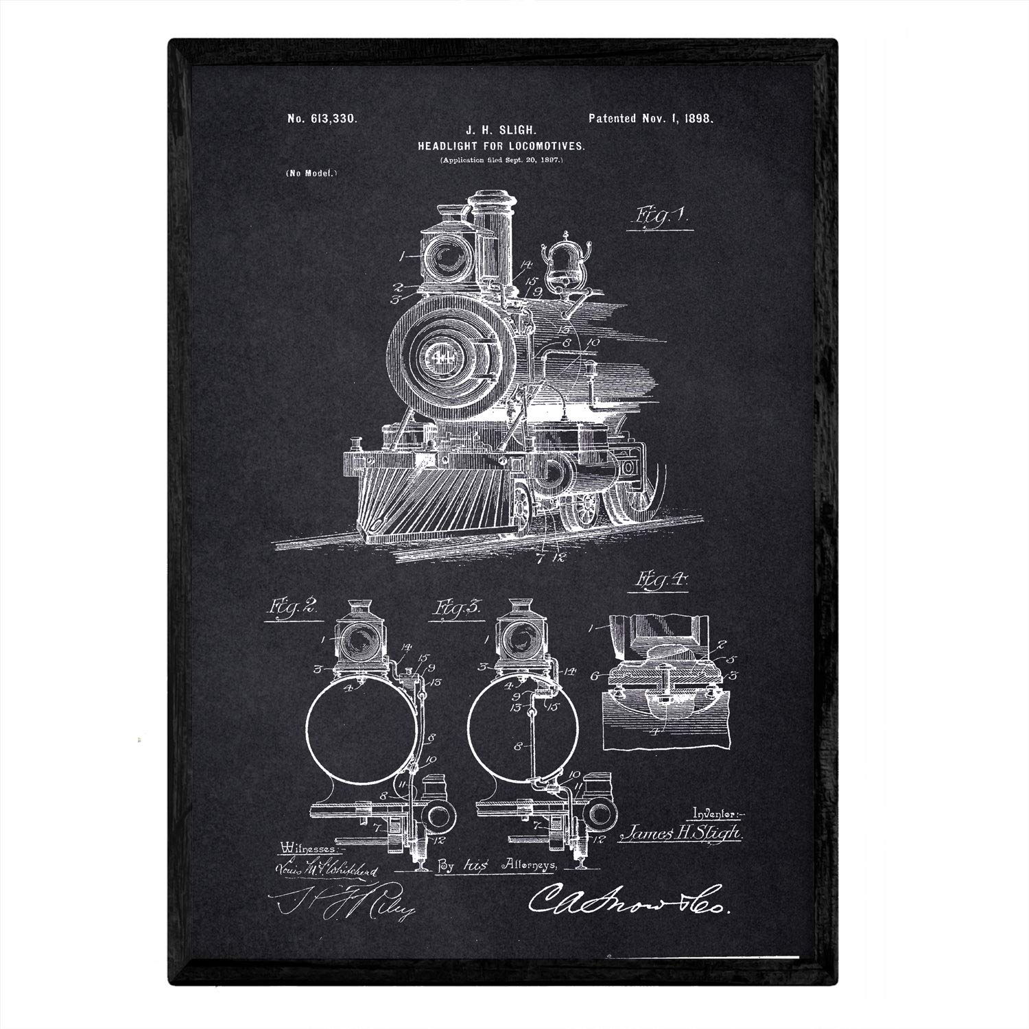 Nacnic Poster patent lamp for locomotives. Sheet with old design patent A3 size with black background