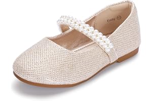 Hehainom Toddler Flower Girls Dress Shoes, Mary Jane Princess Ballet Flats with Bow and Peals for Party School