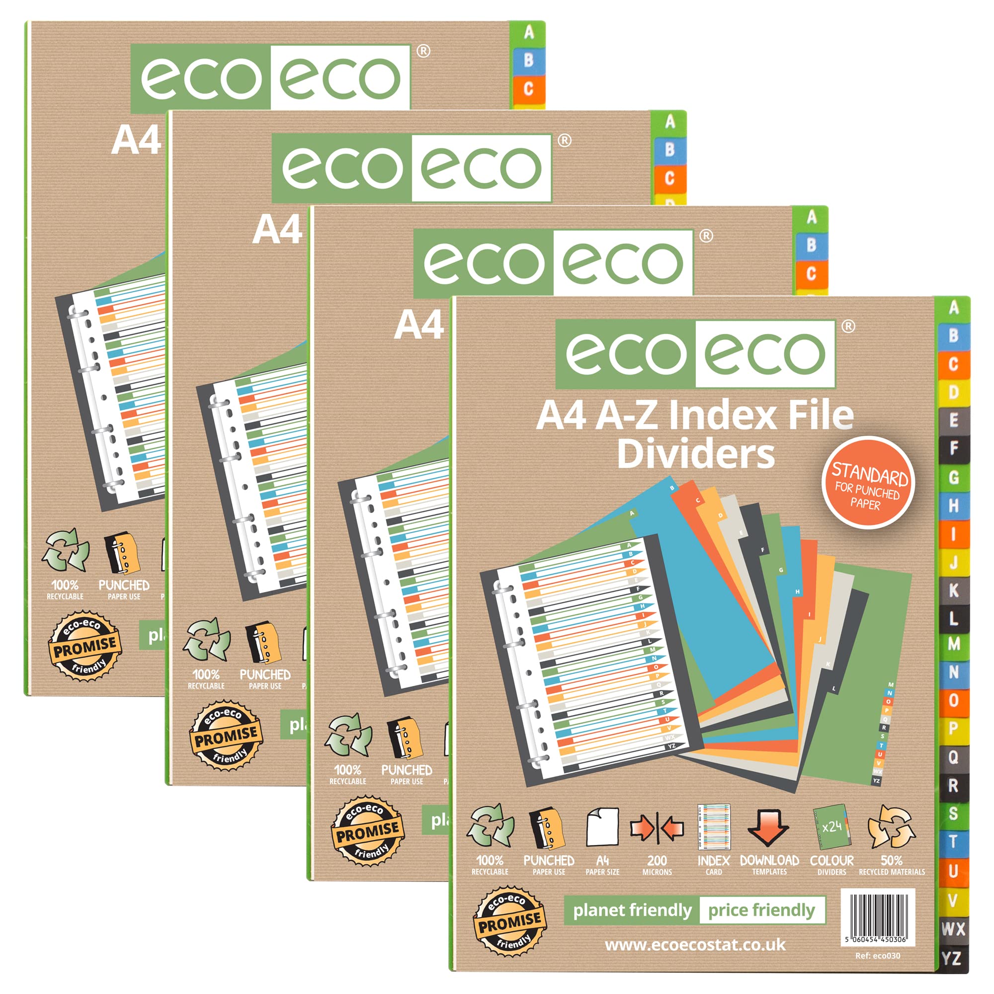 eco-eco A4 50% Recycled Multipunched Reinforced Colour Recycled Set 24 A-Z Index File Dividers 200mic (Pack of 4), eco030x4, Standard