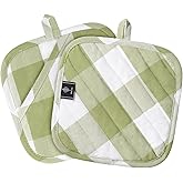 Cotton Pot Holders for Kitchen Heat Resistant Potholder Hot Pads Trivet Coaster Non-Slip Potholders Set for Cooking and Baking (2, Green Plaid, Square,8.27 in²)