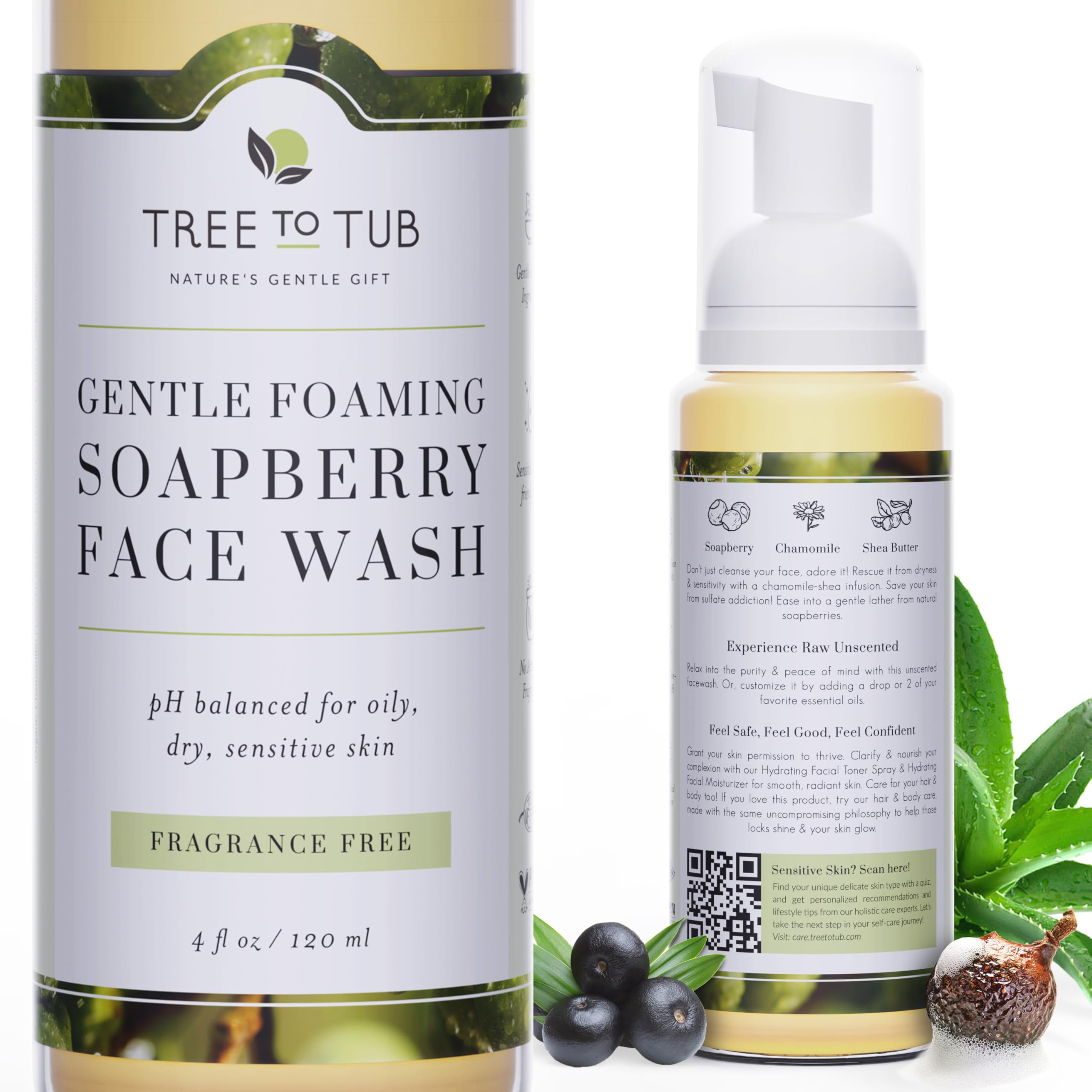 Tree To Tub Sensitive Skin Face Wash for Dry Skin - Fragrance Free Gentle Face Cleanser for Women & Men, Unscented Hydrating Foaming Facial Cleanser, Daily Face Soap w/All Natural Organic Aloe Vera
