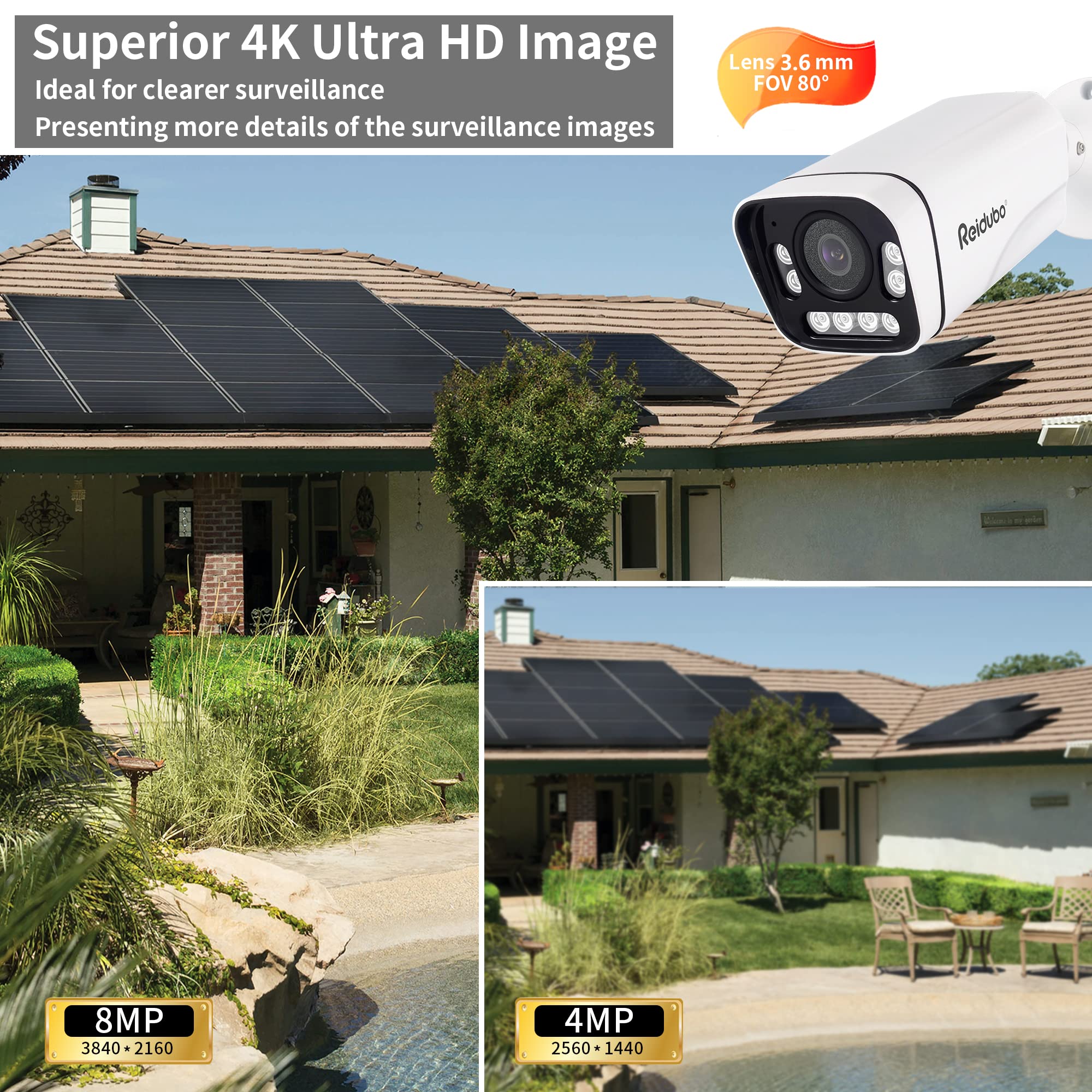 Reidubo 4K PoE Outdoor Security Cameras,8MP HD Bullet IP Security Camera@20fps, Two Way Talk, 98ft IR Color Night Vision,80° FOV, 3.6mm Lens, IP66 Waterproof, Motion Detection, Support SD Card