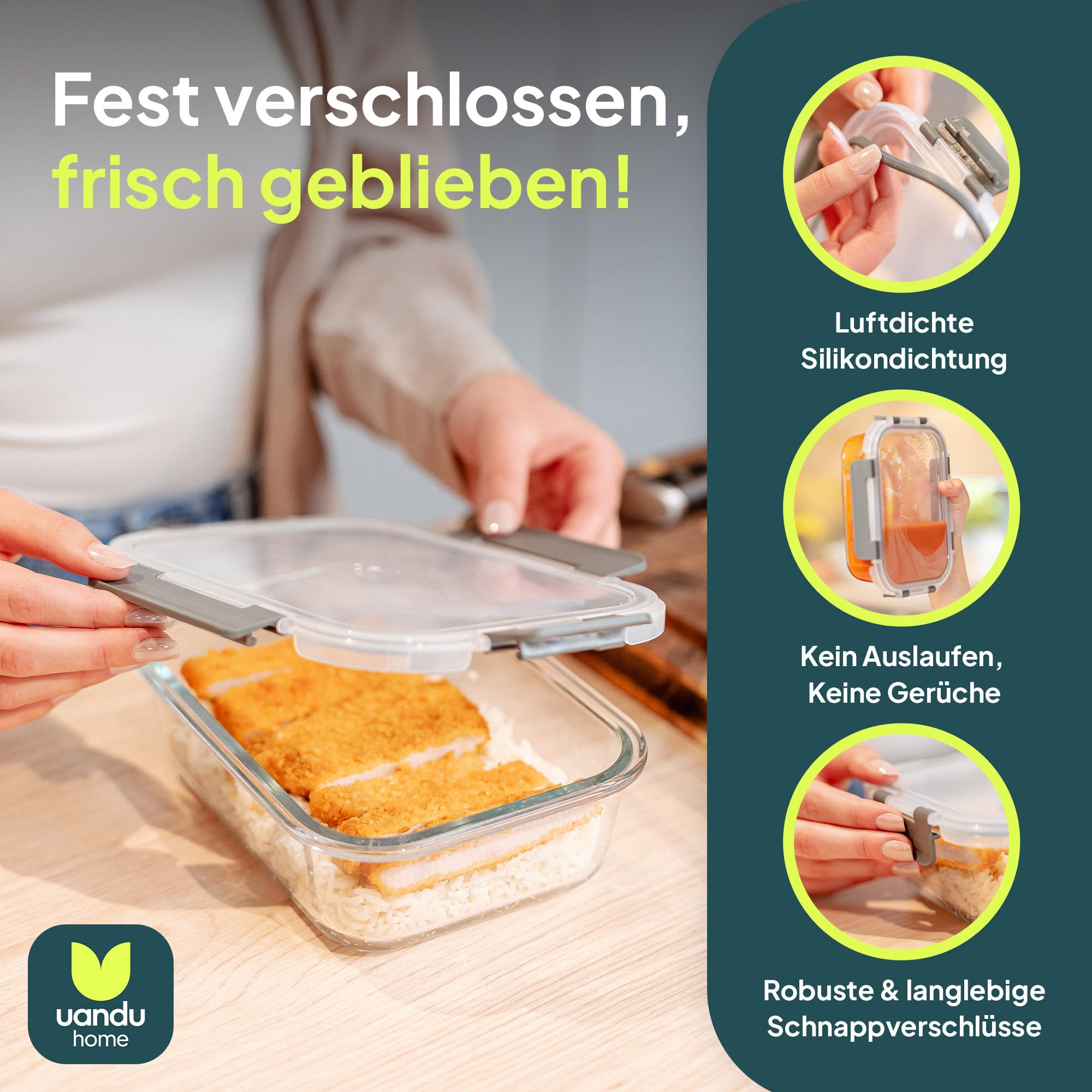 uandu Glasbehälter mit Deckel – Meal Prep Boxen Set 10-teilig – Frischhaltedosen Glas BPA-frei – Spülmaschinen-, Mikrowellen- & Gefrierschrankgeeignet 3