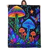 WKEDIN Neon Mushroom Crystal Blanket,50x60in,Cozy Flannel Throw with Fantasy Forest Glowing Color and Butterfly Design,Soft Lightweight Gifts Blankets for Kids,Sofa Bed Travel Country Rustic Decor