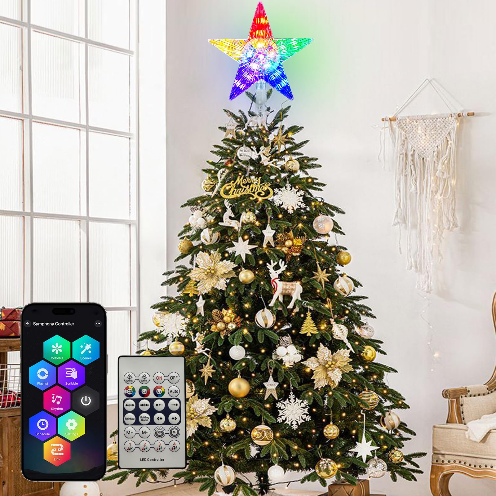 Christmas Tree Topper Star LED Lighted Star Tree Top APP Control, 5 ...