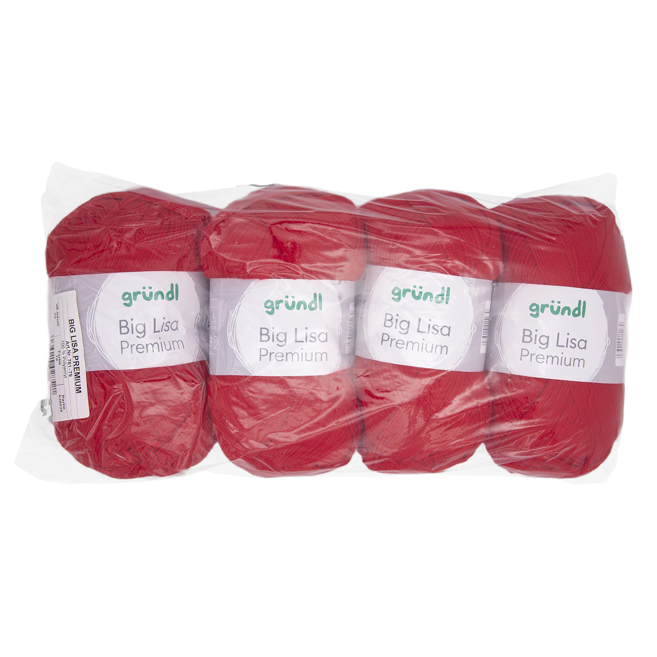 Gründl Big Lisa Premium Knitting & Crochet Yarn (Easy-Care Yarn Made from 100% Polyacrylic, 250 g/665 m, Needle Size: 3.5-4.5, 4 Balls of 250 g) Signal Red