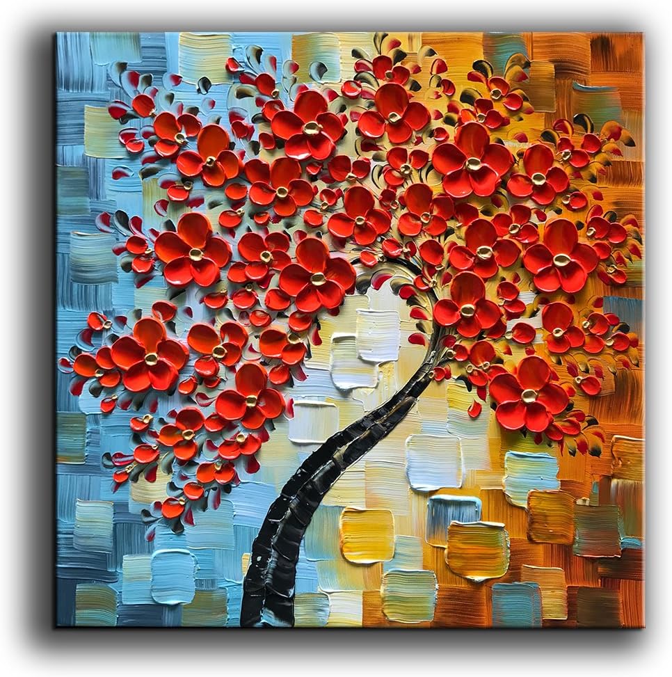 Paintings - YaSheng Art -Modern Abstract Painting 3D Red Flowers Oil Painting On Canvas Tree Paintings Home Interior Decor Wall Art for living room Bedroom Ready to hang 24x24inch