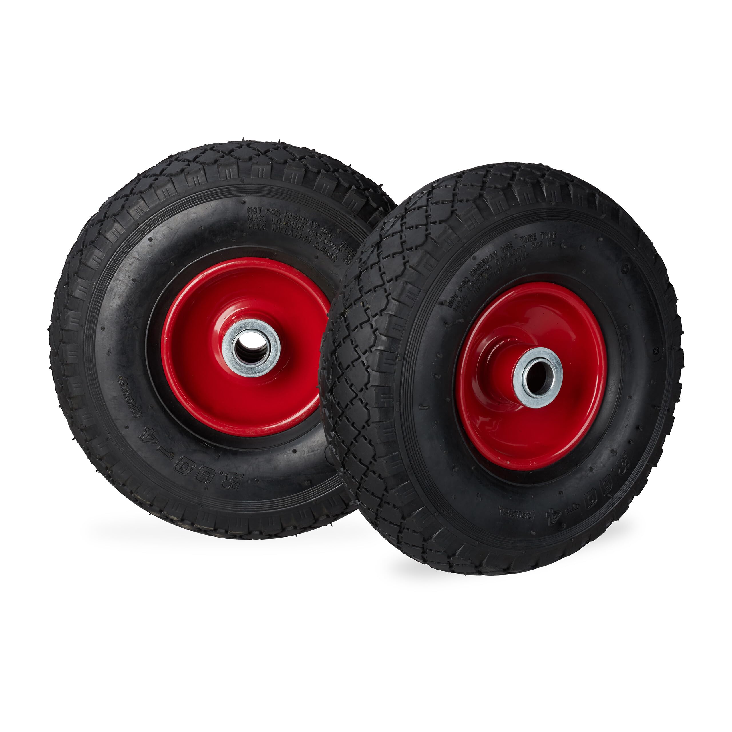 Relaxdays Hand Truck Wheels 3.00-4, Set of 2, Pneumatic, Up to 100 kg, 260 x 85 mm, Spare Tyres with Steel Rim, Black-Red