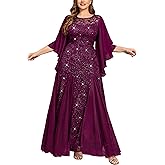 MISSMAY Women's Plus Size Sequins Lace with Ruffle Cape Cloak Sleeves Tulle Mermaid Hemline Evening Prom Long Dress