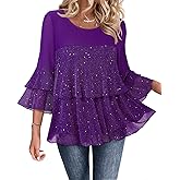 Bebonnie Womens Dressy Sparkly Peplum Tops 3/4 Sleeve Ruffles Elegant Evening Flowy Blouses