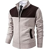 TebYIA Mens Cardigan Sweater Full Zip Slim Fit Casual Sweaters for Men, Mock Neck Long Sleeve Knitted Sweater with Pockets