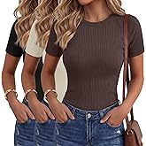 Ficerd 3 Pack Women's Ribbed T-Shirts Short Raglan Sleeve Cotton Tight Basic Tees Crewneck Slim Fit Tops Casual Summer Shirts