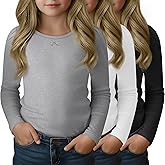 LessonZoo 3 Pack Girls Long Sleeve T-Shirts Kids Basic Crew Neck with Bow Soft Layering Tops for Teen Girls, 5-14 Years