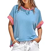 Womens Color Block Oversized Tops Trendy Casual Summer Textured Ribbed Knit T Shirts Loose Fit Short Sleeve Tshirts