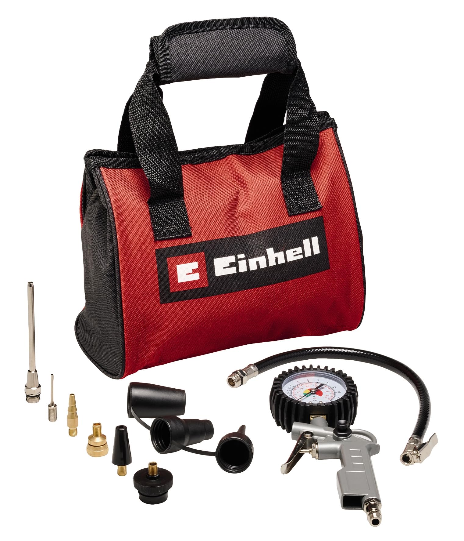 Original Einhell 10-Piece Compressed Air Set with Bag (Compressor Accessories, Includes 1x Adaptor Nozzle for Blow Gun, 1x Tyre Inflator Gauge, 8X Inflation Adapters with Accessory Bag)