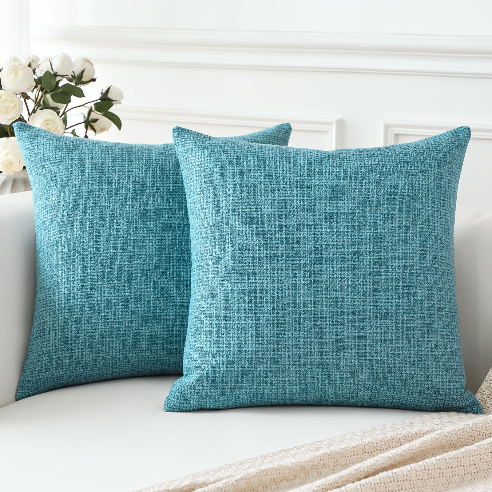 Artscope Turquoise Cushion Covers Set of 2 Linen Decorative Square Pillowcases Pillow Covers 60x60cm for Home Decor Sofa Bedroom Car (Turquoise, 24x24)
