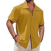 Vssjavun Men's Short Sleeve Button Down Shirts Lightweight Hollow Texture Summer Beach Vacation Shirt