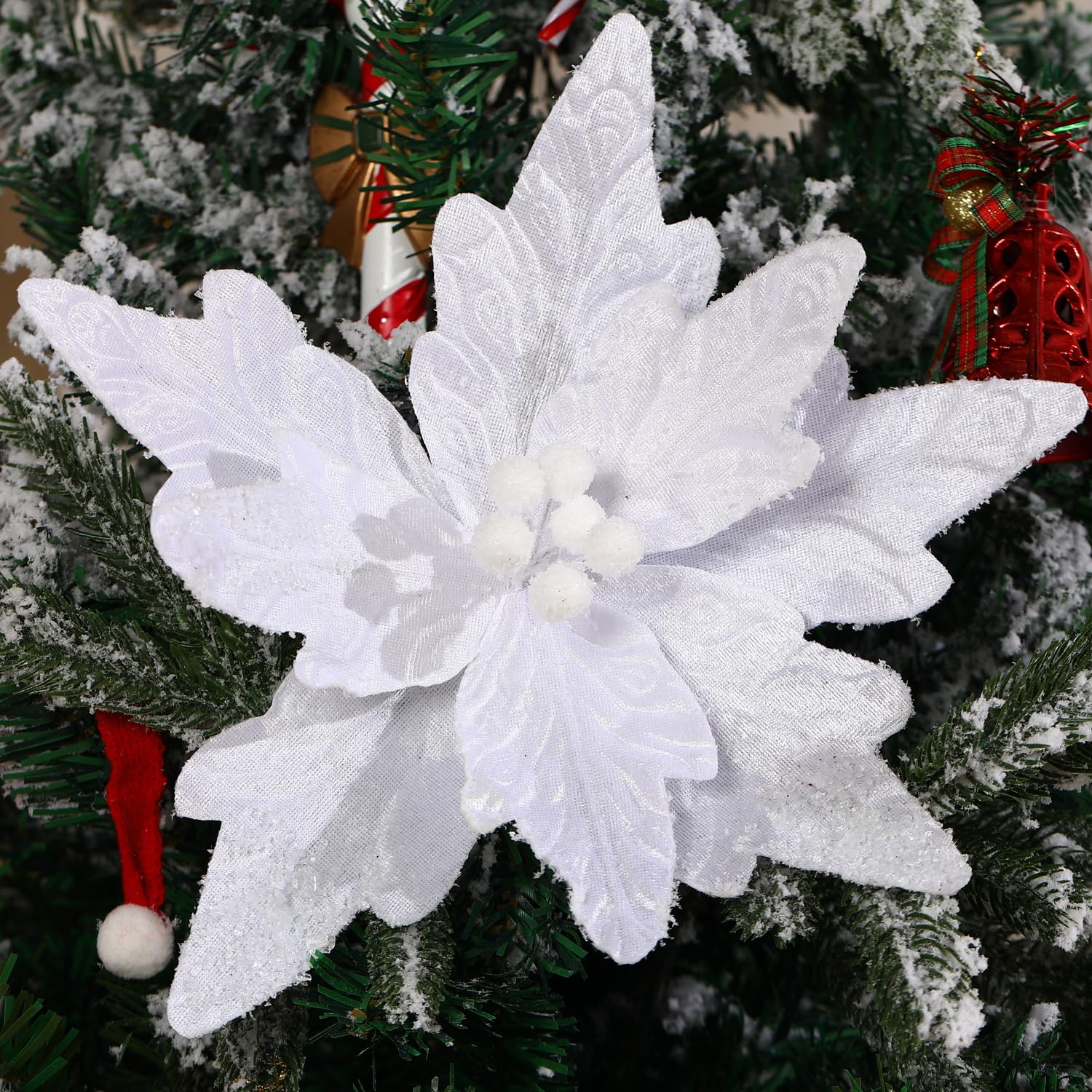 GL-Turelifes 11.8’’ Large Christmas Flowers 6 Pcs Artificial Poinsettia Flower Velvet Christmas Tree Flower Ornaments Fold Floral for Christmas Decorations New Year Party Wedding (White)