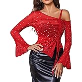 Avidlove Women Mesh Top Long Sleeve Rhinestone Tops Off Shoulder Bell Sleeve Drawstring Blouse Sheer Sparkly Shirt S-XXL