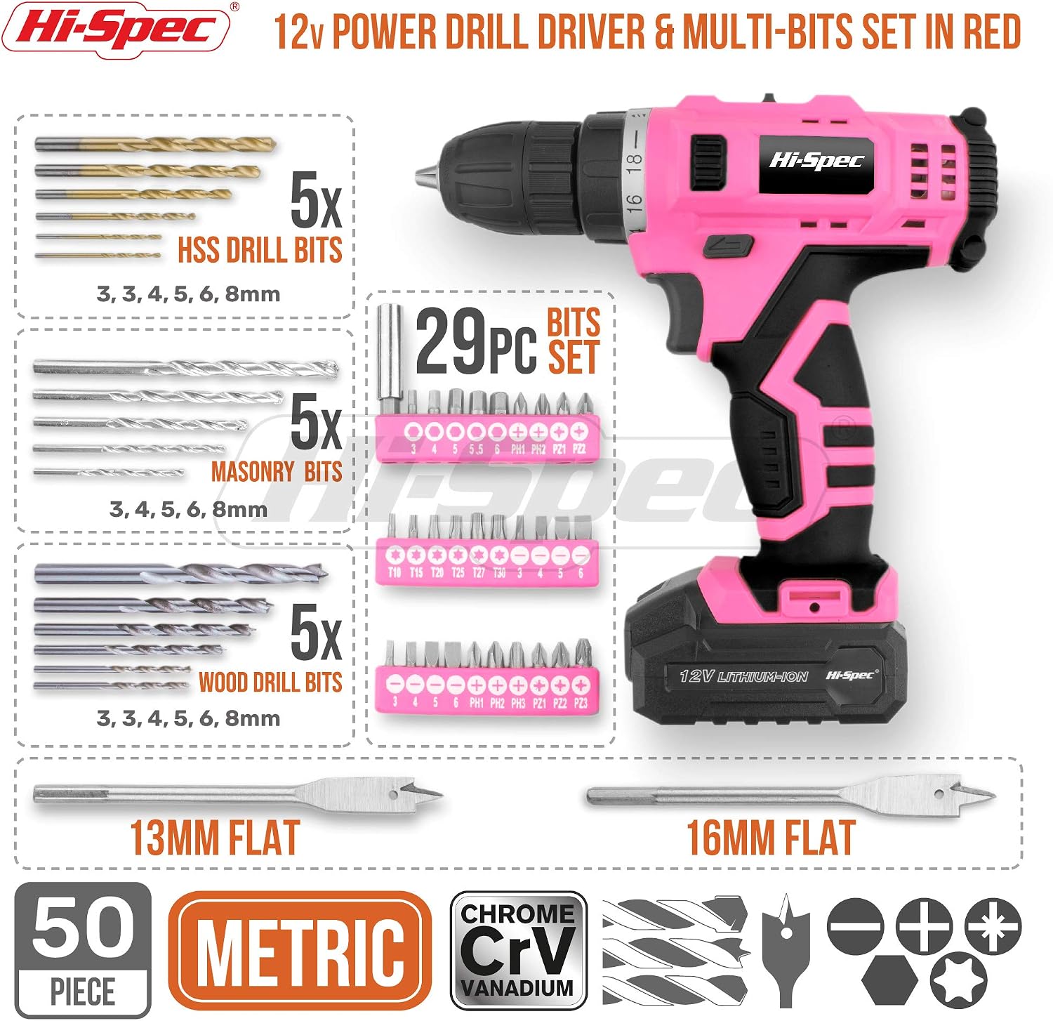 Hi-Spec Electric Drill Driver 12V with Screwdriver and Drill Bit Set Pink 50 Pc. Cordless Drill in a Carry Case with Rechargeable Battery - Image 3