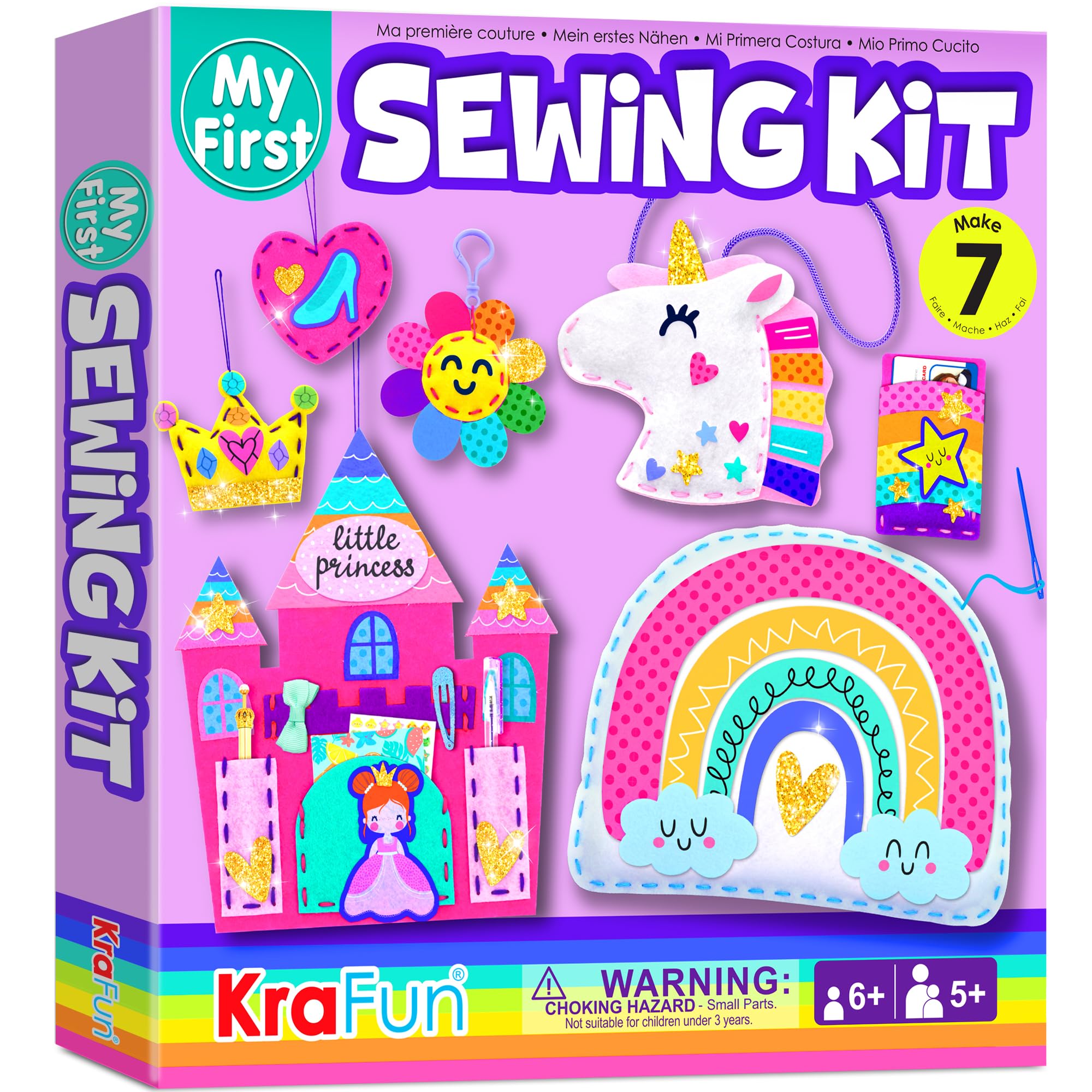 KRAFUN My First Sewing Kit for Kids Beginners, Rainbow Princess Unicorn Craft Set, Make 7 DIY Felt Projects with Pre-Punched Holes, Arts & Crafts for Girls Ages 5+ Image
