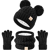 Kids Winter Hat Scarf Gloves Set Children's Warm Knit Fleece Lined Pompom Hat for Kids Ages 3-9, Perfect for Boys and Girls