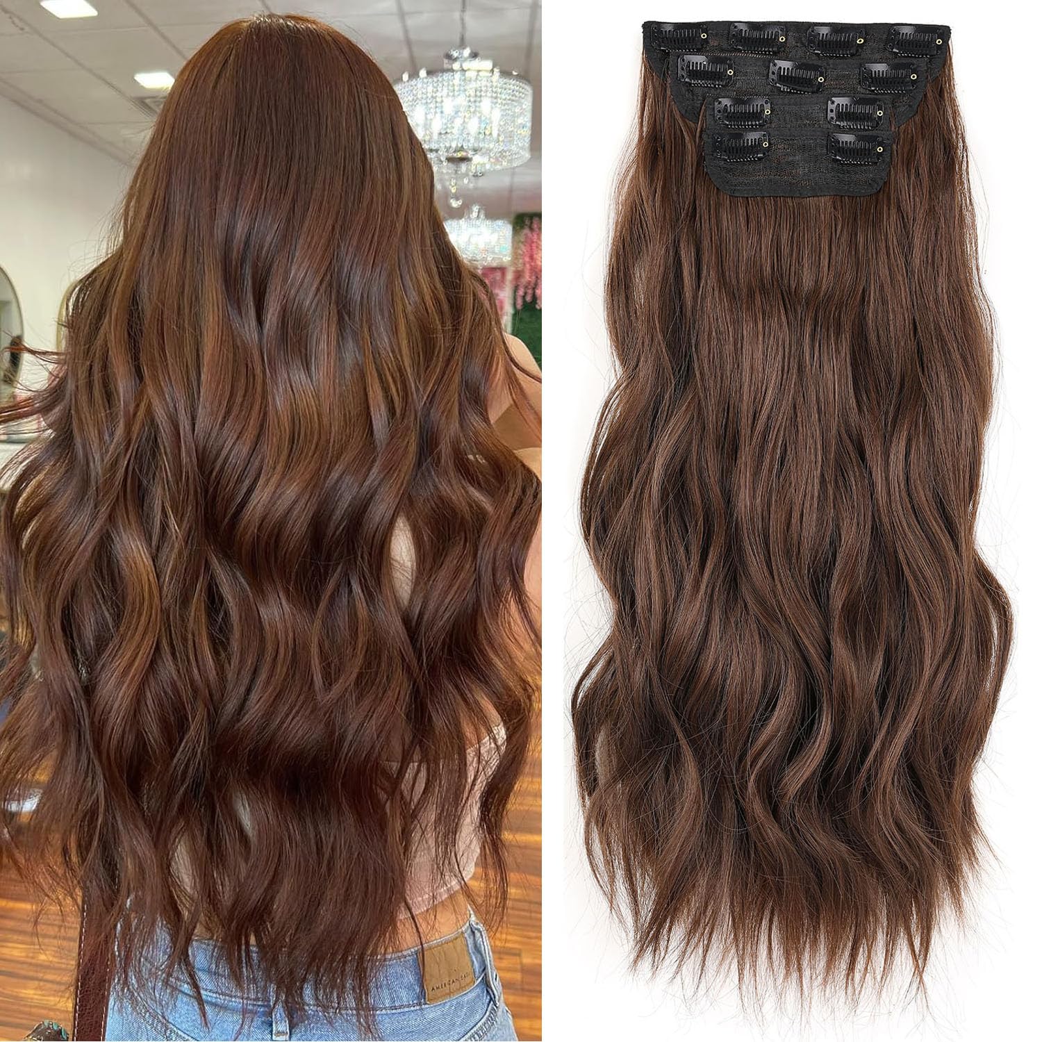 MSCAT 20 Inch Wavy Chocolate Brown Clip in Hair Extensions (Synthetic, 4PCS Full Head Set, Thick Curly Wavy) — image 1