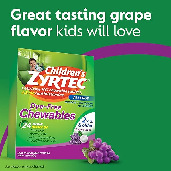 ZYRTEC CHILDREN’S DYE-FREE CHEWABLES FOR 24 HOUR ALLERGY RELIEF, 2.5 MG CETIRIZINE HCL ANTIHISTAMINE TABLETS, KIDS ALLERGY MEDICINE RELIEVES SNEEZING & ITCHY NOSE & THROAT, GRAPE, 24 CT