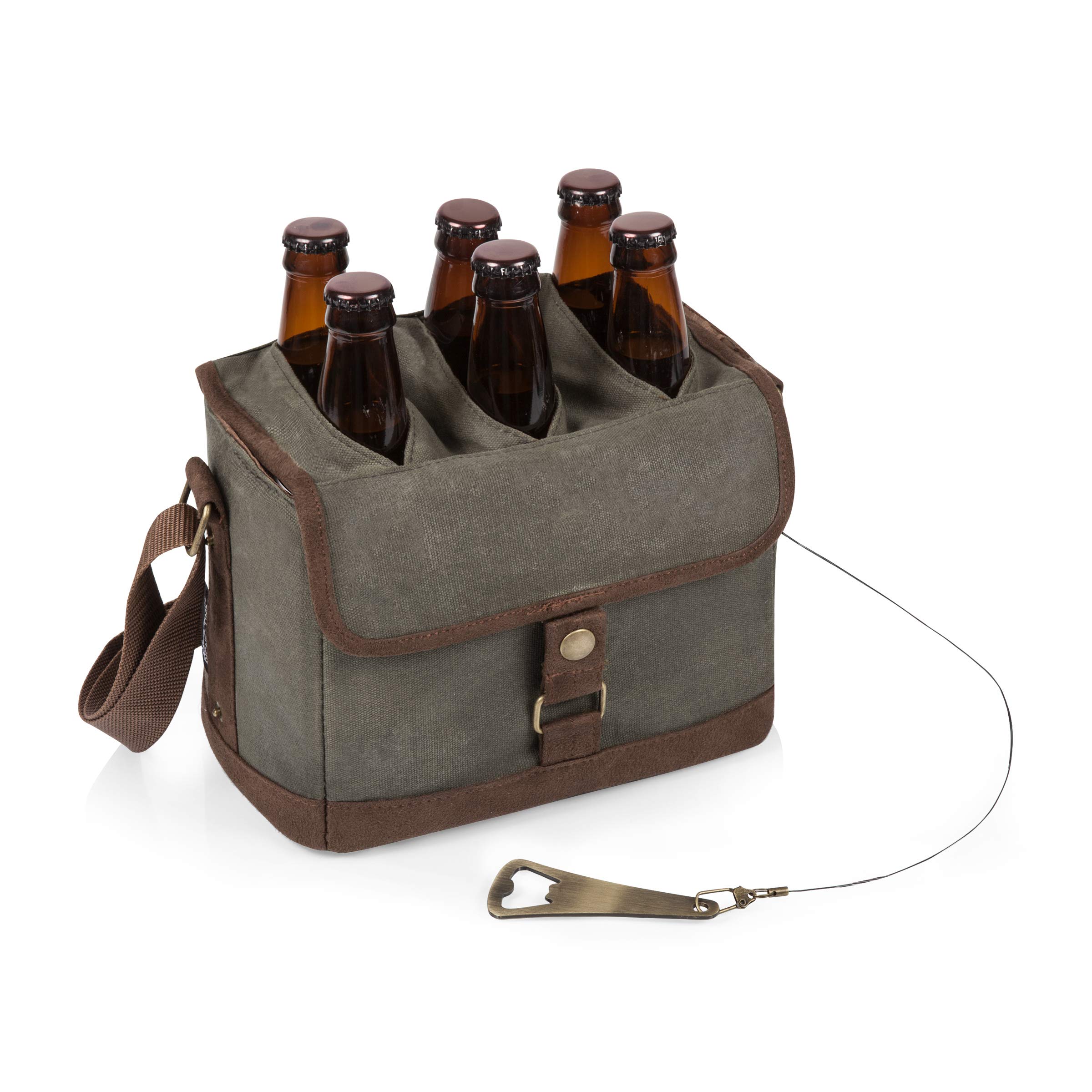 Legacy - a Picnic Time Brand Caddy, Tote with Opener, 6-Pack Cooler, Gifts for Beer Lovers, (Khaki Green with Brown Accents)