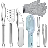 7 Pieces Fish Scale Remover, Hand Held Fish Scaler with Mitten and Tweezers | 304 Food Grade Steel and plastic, Removes Scales, Splash-proof Design, Anti-Slip Comfort Grip, Dishwasher Safe Easy to Clean