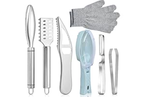 Worldity 7-Piece Fish Scaler Set with Gray Mitten, Stainless Steel Sawtooth Remover, Peeler, Tweezers for Fish Scales Removal